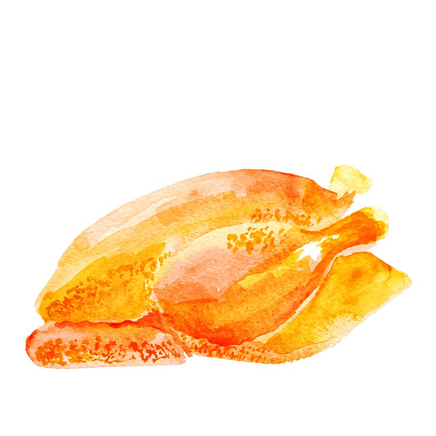 Watercolor illustration of a whole roast chicken.