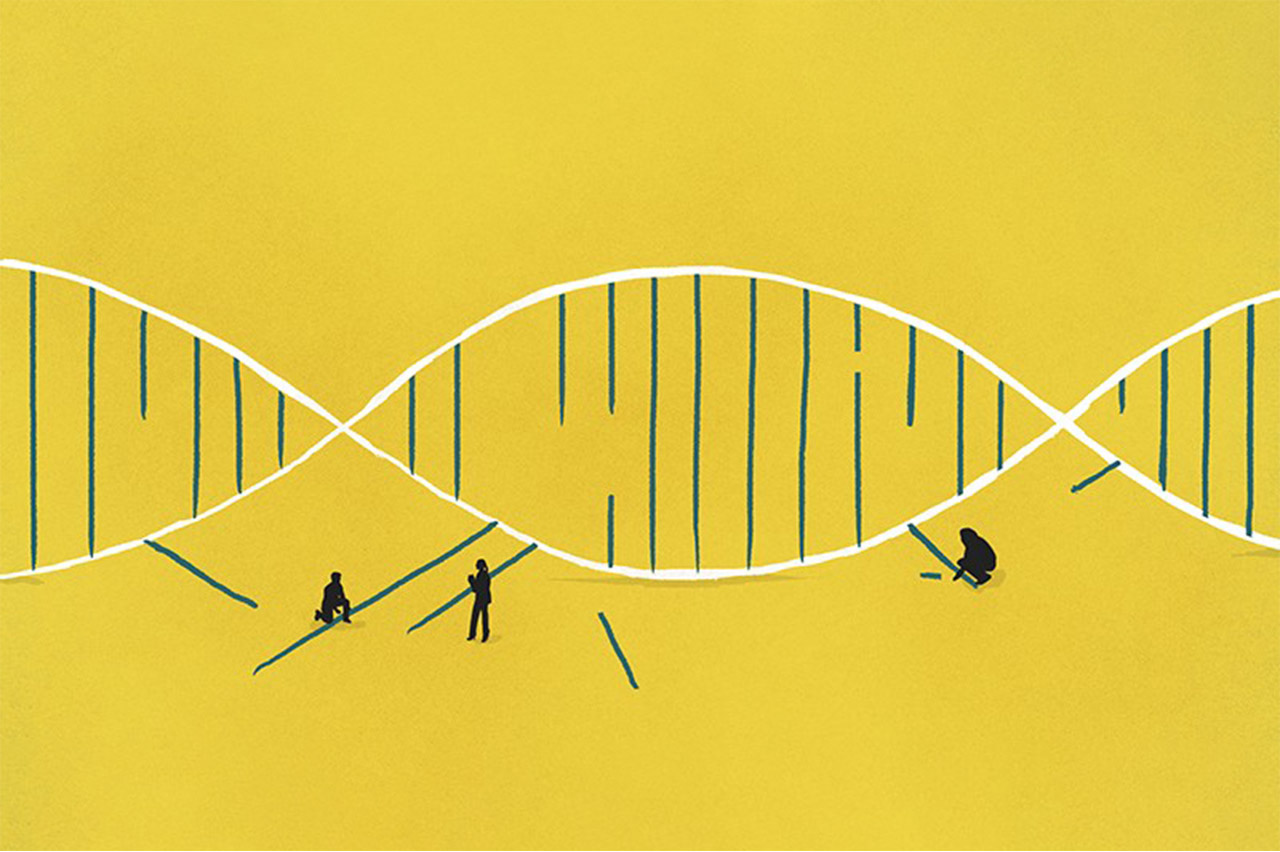 Illustration of small silhouettes of people taking apart and putting together a double helix. 