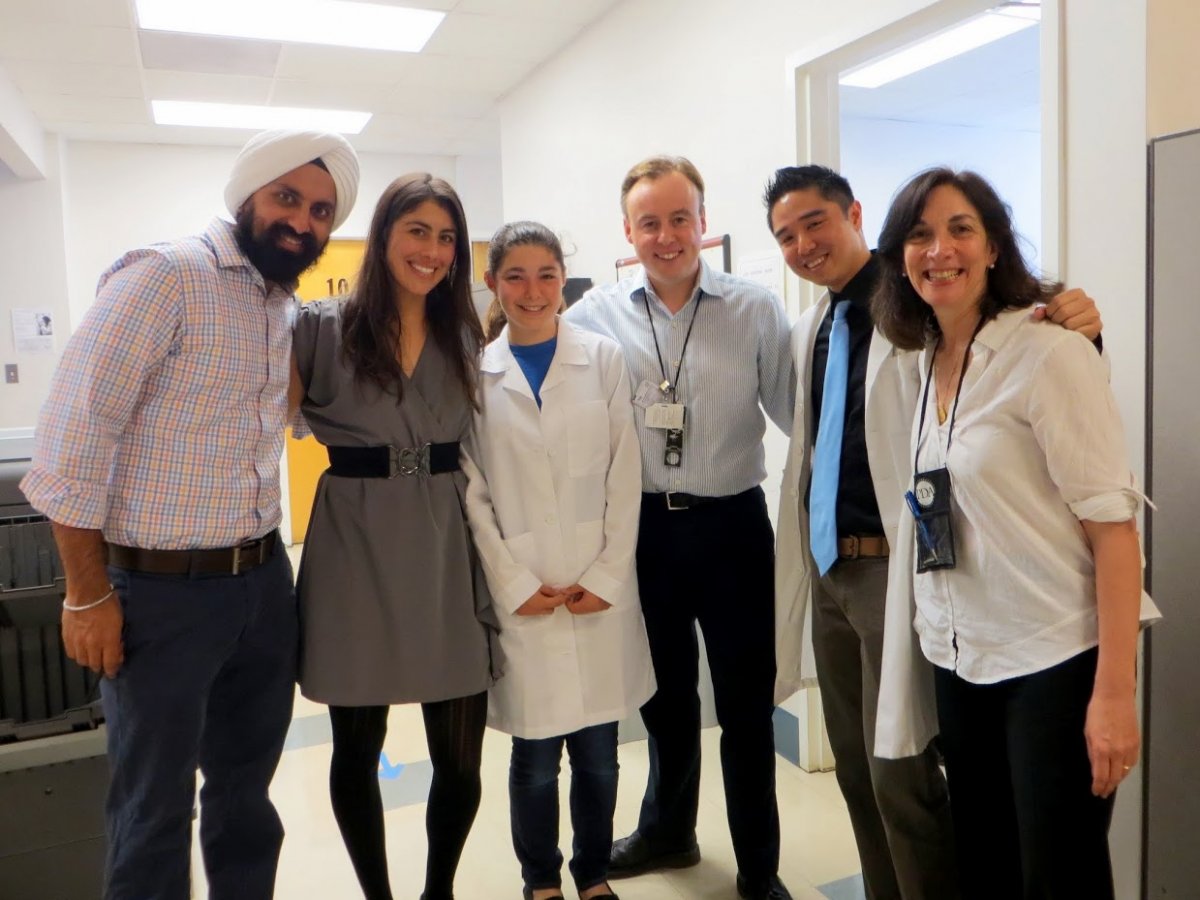 From left to right, Ravi Gogia, MD; Diana Camarillo, MD; Giselle Ghadially, daughter of one of the doctors;  Kieron Leslie, MD; Patrick Unemori, MD; and Toby Maurer, MD