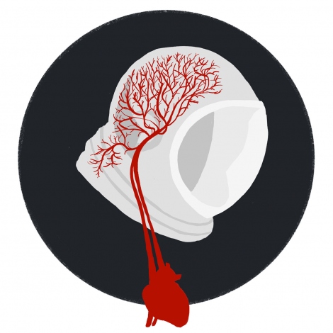 an illustration shows a heart and veins leading to a space helmet