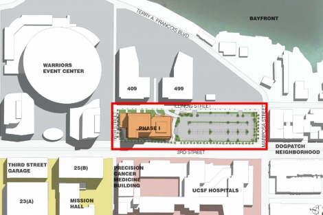 A map that shows the location of the The Block 33 parcel at UCSF’s Mission Bay campus