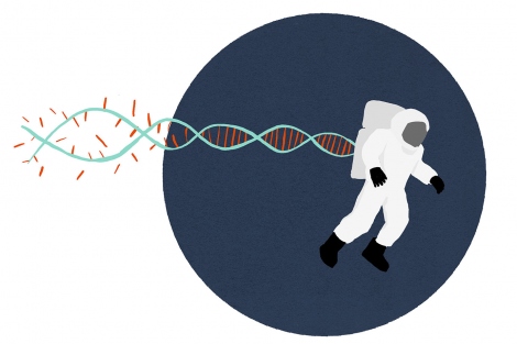 illustration of an astronaut with trailing DNA that is falling apart