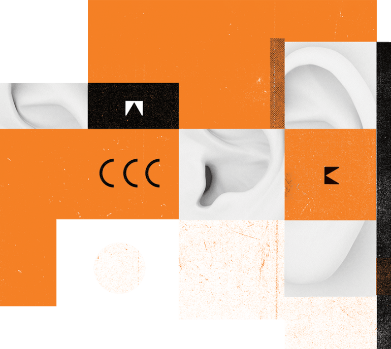 Conceptual Illustration of an ear, overlapping orange, black and white boxes.