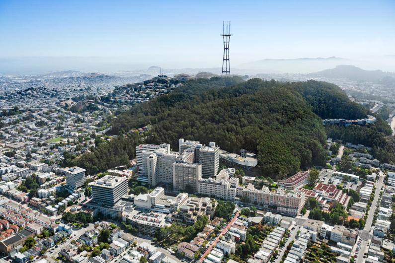 Aerial view of Mount Sutro above the Parnassus Heights campus