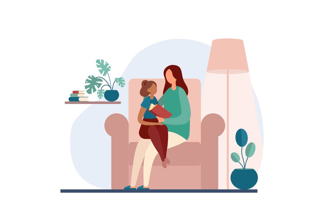 Illustration of mother and daughter cuddling and reading a book.
