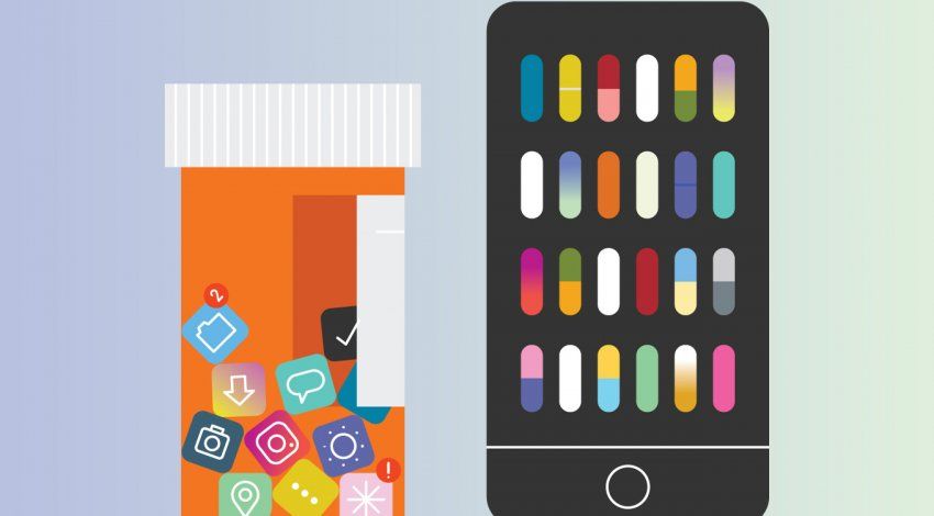 Illustration of a pill bottle with smartphone app symbols in it, and a smartphone with pills on the screen.
