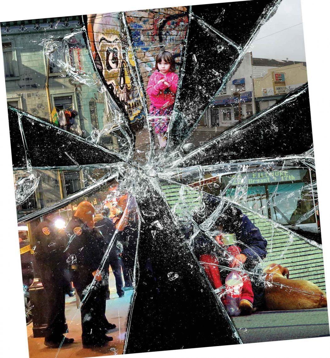 A collage of photos with broken glass: Police at a scene of a crime, a run down building, a small child in front of a graffitied wall, old store fronts, the Fillmore bus line, a homeless person with a dog.
