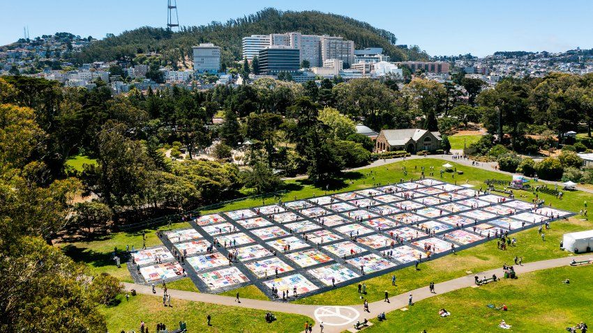AIDS Quilt Display in Golden Gate Park with Parnassus Heights in the background