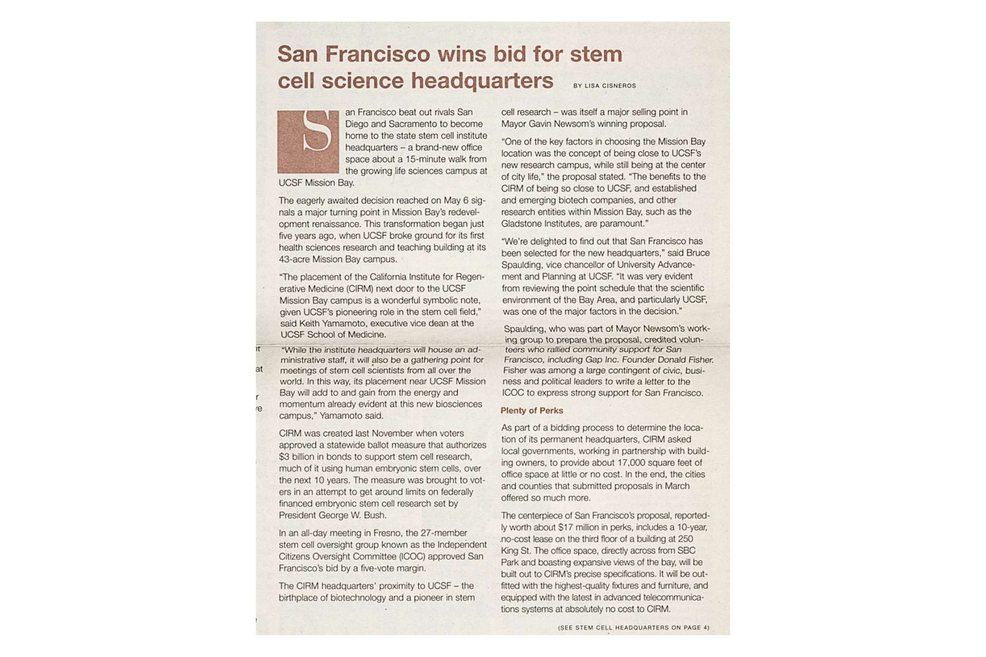 Newspaper headline San Francisco wins bid for cell science headquarters