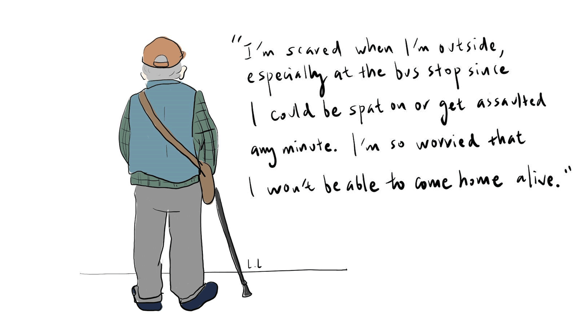 “I’m scared when I’m stopped outside, especially at the bus stop since I could be spat on or get assaulted any minute. I am so worried that I won’t be able to come home alive,” reads a quote from one study participant in this hand-drawn picture by UCSF fellow and researcher Lingsheng Li of an older Asian man.
