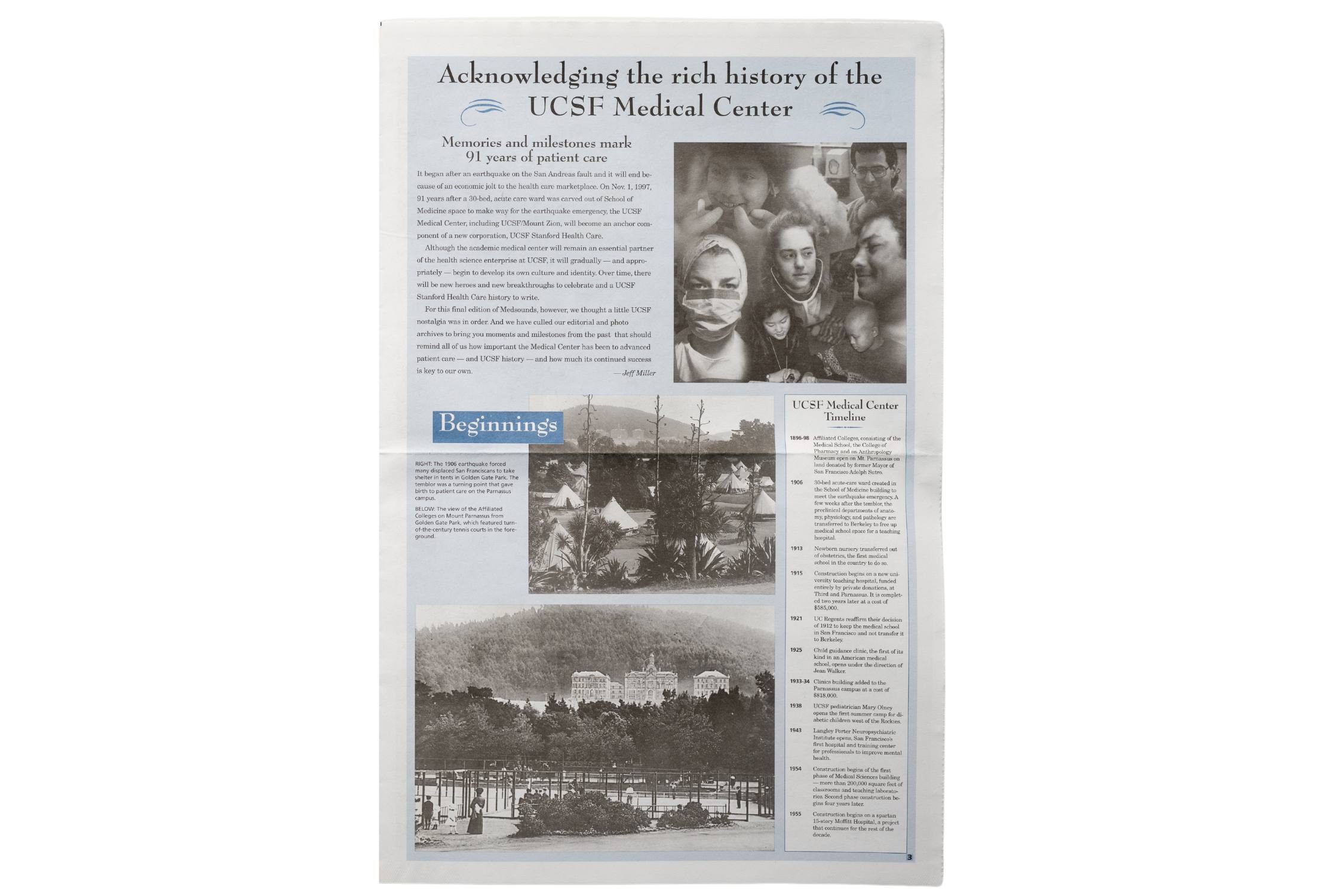 blue Newsbreak newspaper with a timeline and headline that reads "Acknowledging the UCSF Medical Center History"