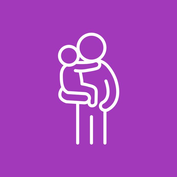 A graphic icon of a parent carrying their young child.