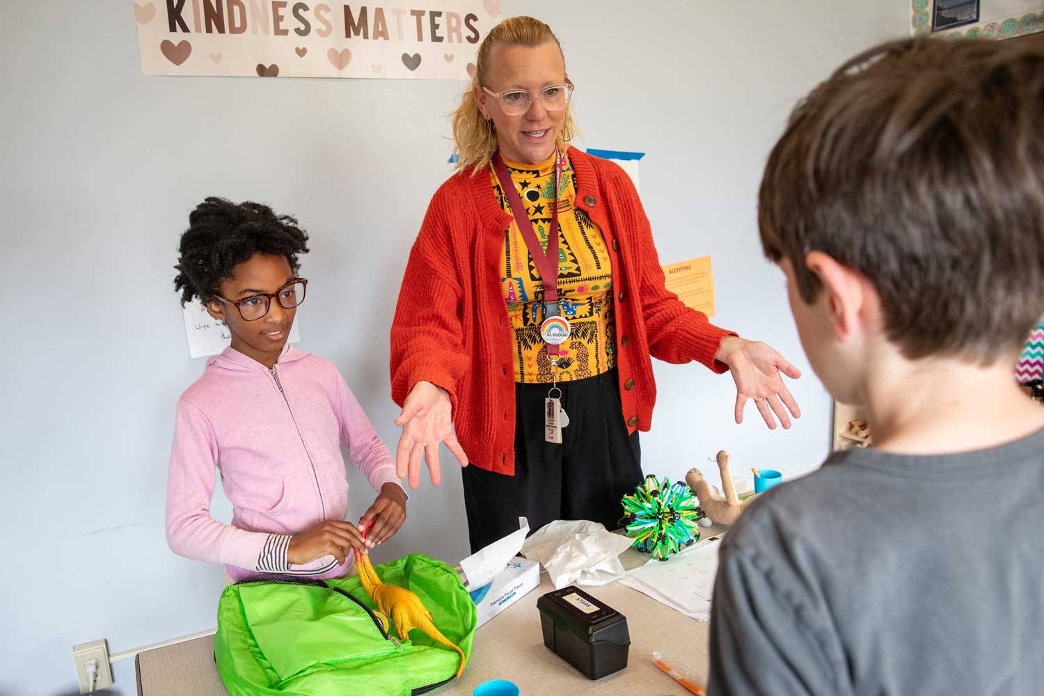 Social worker Jeannette Feddes conducts a "backpack exercise" with students to help manage A D H D.