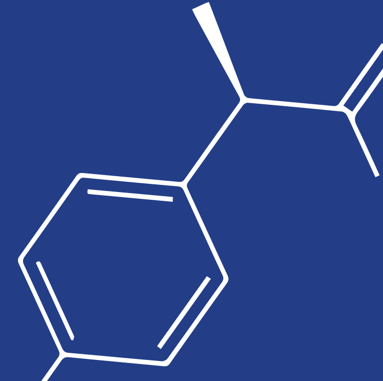 A graphic icon of an ibuprofen molecule