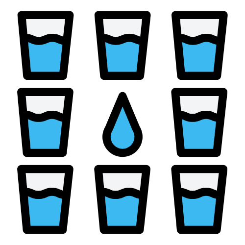 A graphic icon showing eight full cups of water.