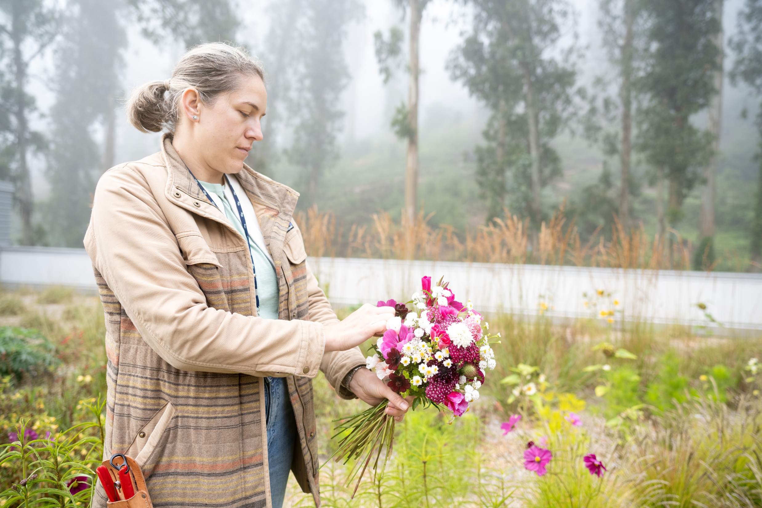 Researcher picks a bouquet of flowers.