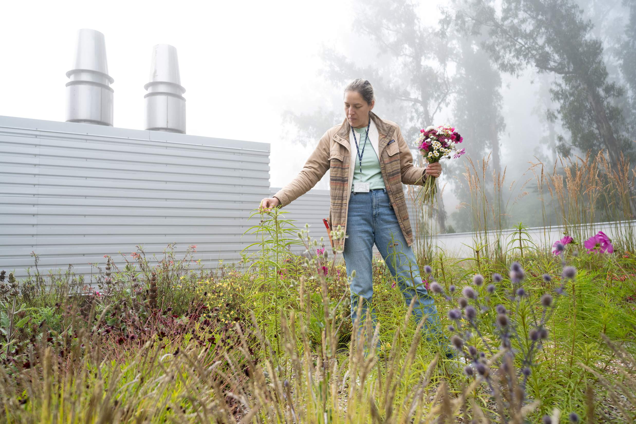 Researcher stands in garden with many buildings behind her.