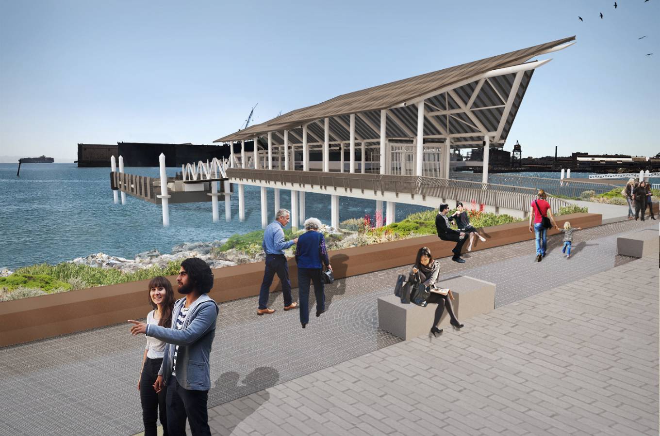 AI generated example of modern design for ferry landing at Mission Bay.