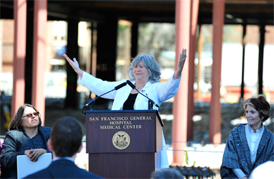 Associate Dean Sue Carlisle celebrates the topping out at SFGH.
