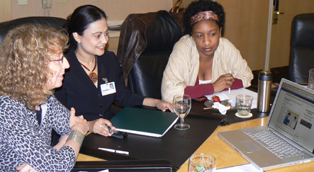 Photo of Shipra Shukla moderating panel with Amy Levine and Mijiza Sanchez