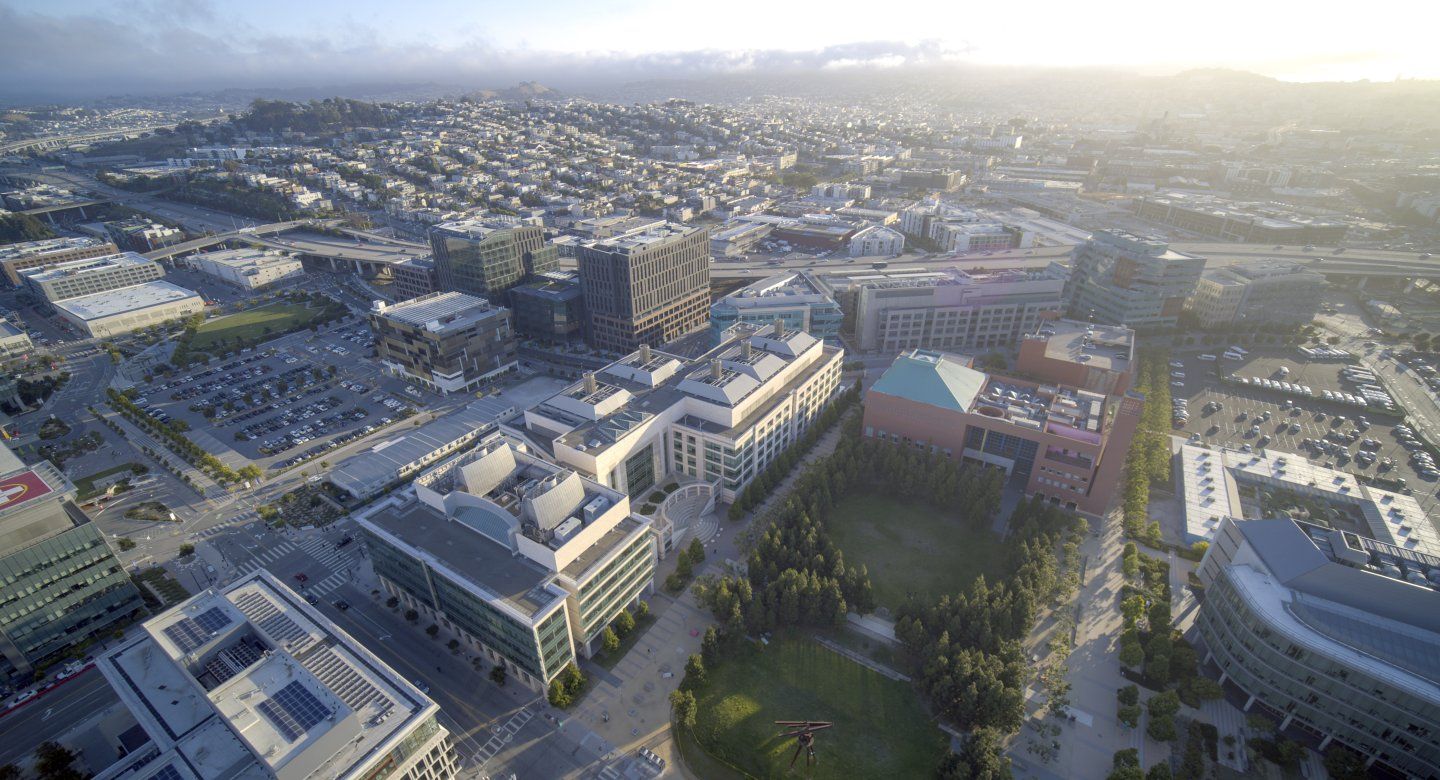 drone image shows aerial view of UCSF Mission Bay campus