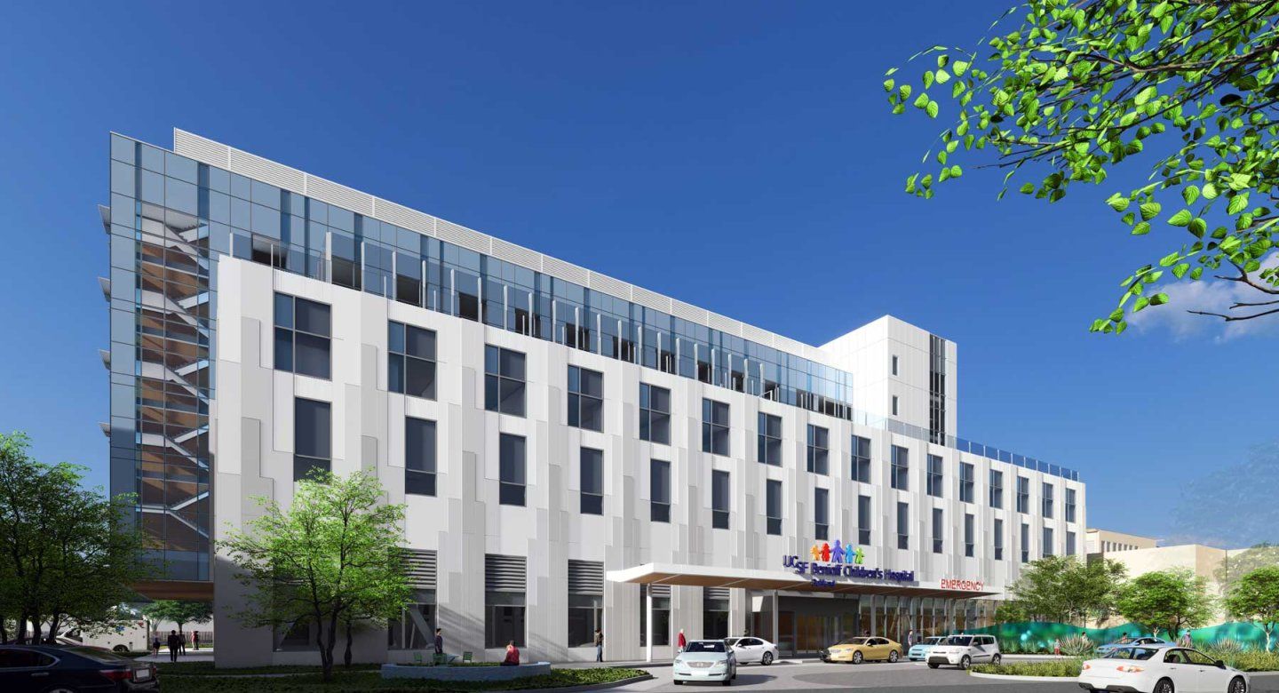 A rendered image of the new hospital building at UCSF Benioff Children's Hospital Oakland. The building is a rectangular, glassy building with seven stories.