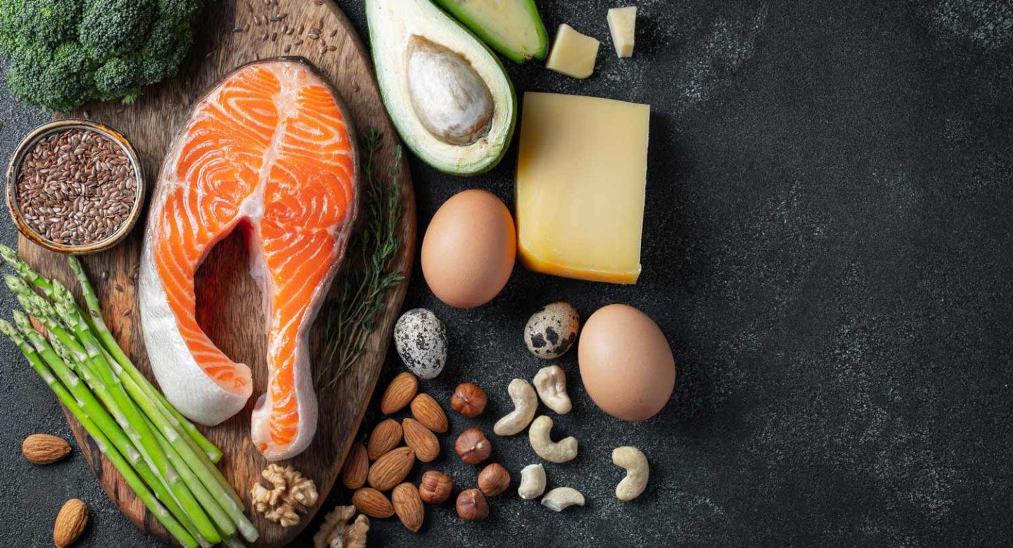 Foods for ketogenic diets, which include high-fat foods like salmon, avocado, eggs, nuts, broccoli, asparagus, and cheese.