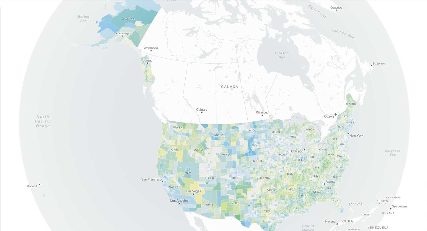 A digital map of the globe, with the United States in focus.