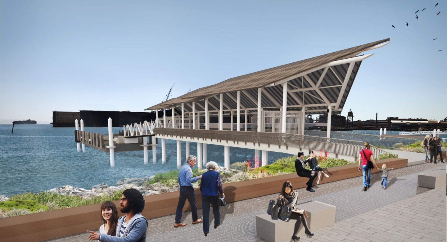 Modern computerized design of potential look of ferry landing at Mission Bay.