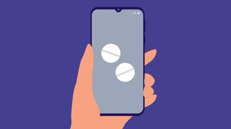 An illustration of a hand holding a phone that shows two pills, demonstrating safe telemedicine practices such as digital prescriptions.