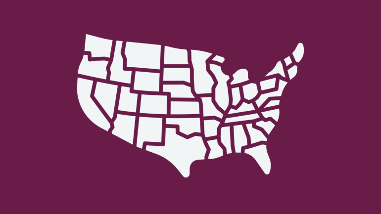 An illustrated map of the United States on a magenta background, with each state in light grey