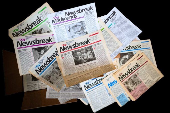 box of UCSF Newsbreak newspapers rom 1996-1997