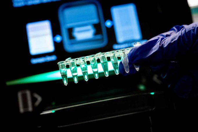 Vials filled with DNA samples are placed into a biorobot in a scientific lab.