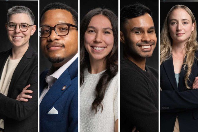 Five leaders in business attire pose in separate portraits.