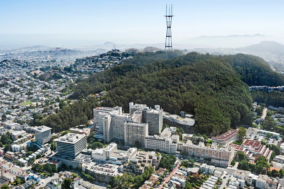 Aerial view of Mount Sutro and Parnassus Heights campus below