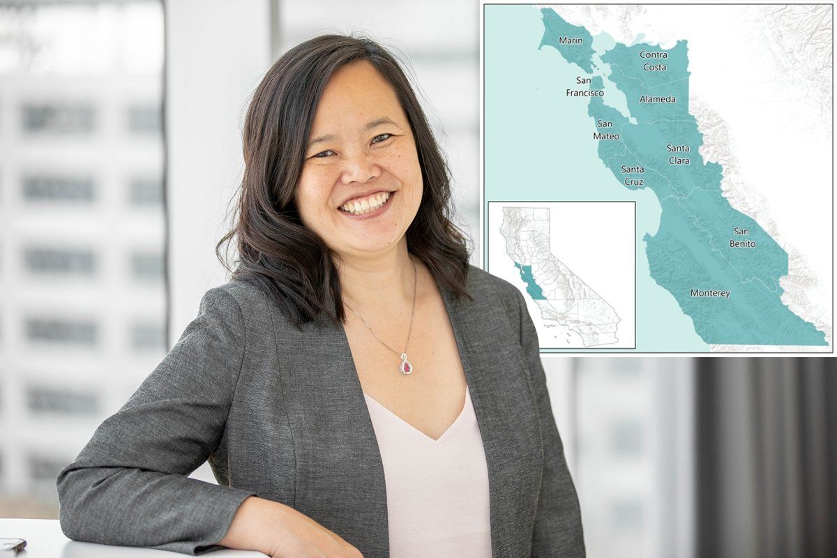 Scarlett Lin Gomez and a Map of Greater Bay Area Cancer Registry region.