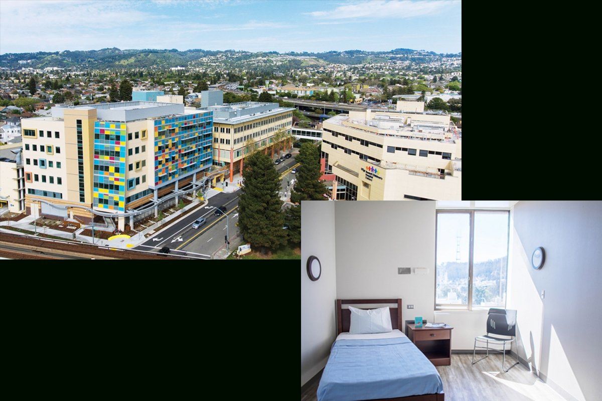 two images, one is showing UCSF Benioff Children's Hospital exterior, and another shows interior of a room in the San Francisco Healing Center