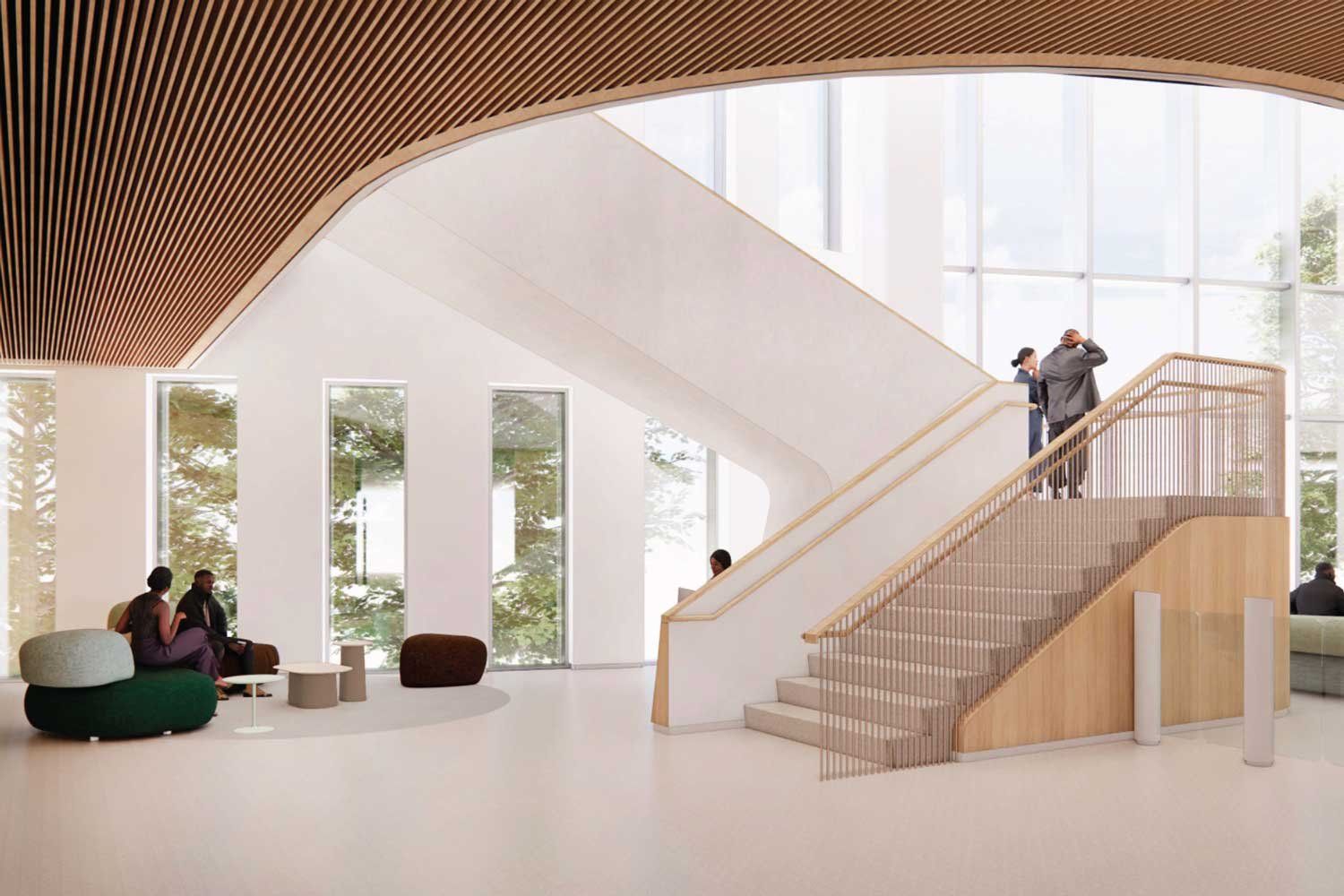 A rendered conceptual image of the lobby of the UCSF Bakar Research and Academic Building, which features a light-filled interrior with modern wood touches..