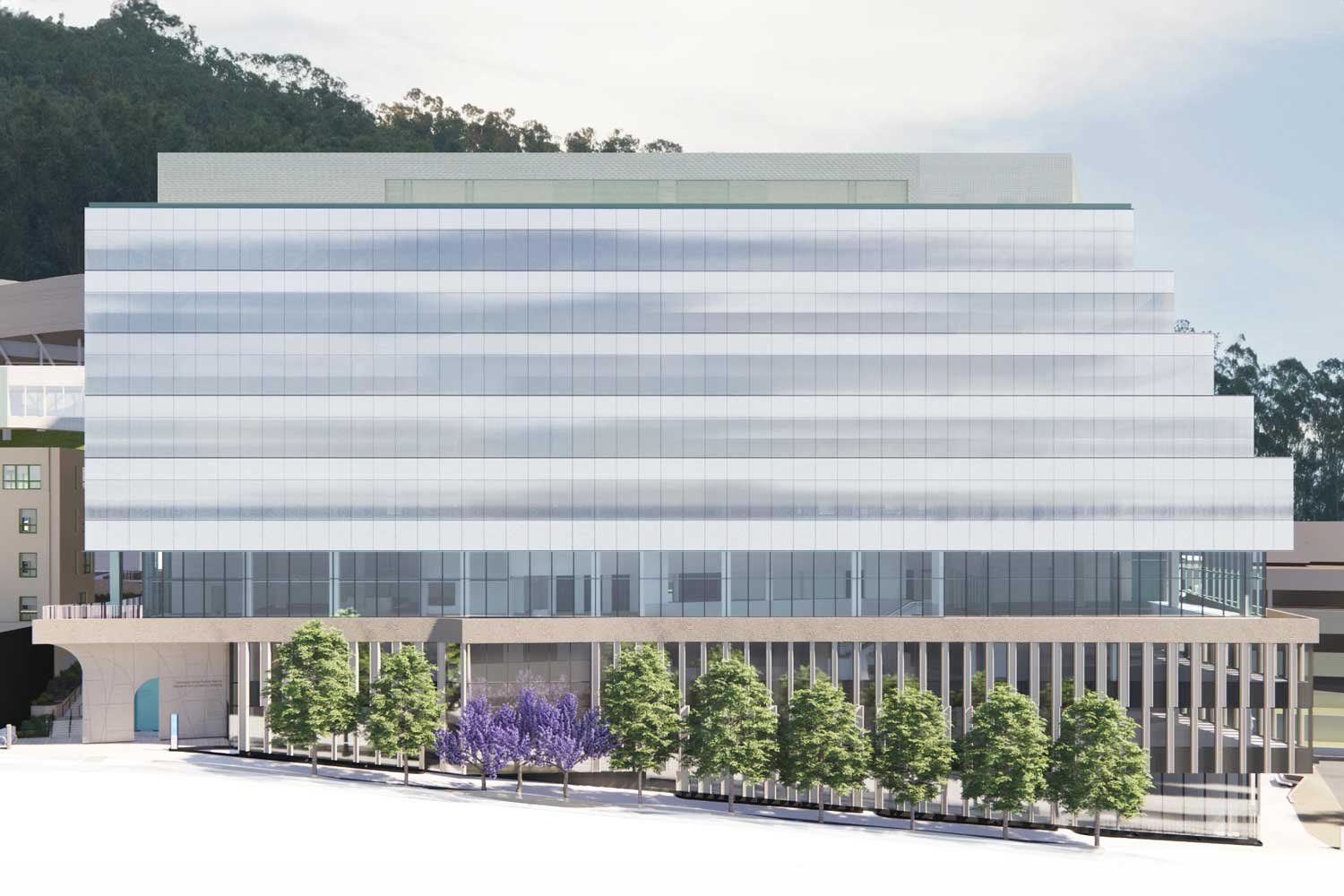 A rendered conceptual image of the UCSF Bakar Research and Academic Building, which is nine stories high and features a glassy exterior and a tree-lined sidewalk.