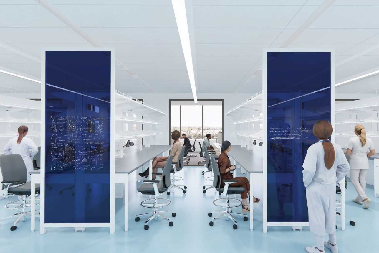 A rendered conceptual image of open lab space at the UCSF Bakar Research and Academic Building, which features wide counters for collaborative work and modern white boards.