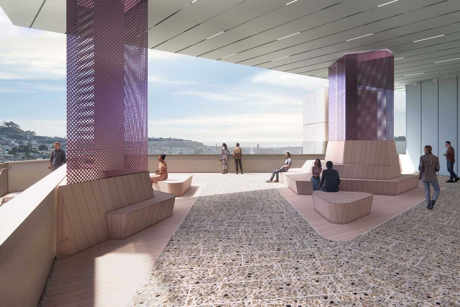 A rendered conceptual image of a high-elevation overlook at the UCSF Bakar Research and Academic Building, which features colorful purple pillars and a wood, concrete, and stone details on the floor.