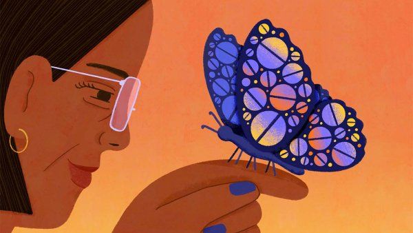 Illustration of an woman with glasses with a butterfly perched on her finger. The butterfly’s wings are patterned with purple, pink, and yellow pills.