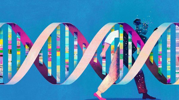 Illustration of a DNA double helix with a woman stepping through the bars. The side of her that has stepped through the bars is a darkened silhouette with stardust coming off of her.