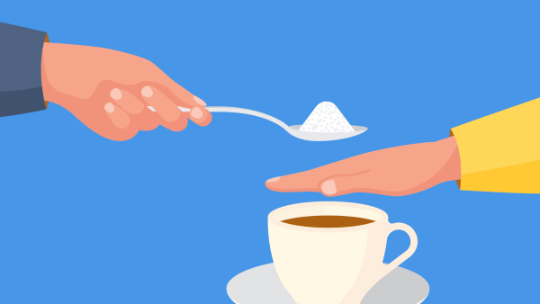 A graphic illustration of a hand blocking a spoonful of sugar from a cup of coffee.
