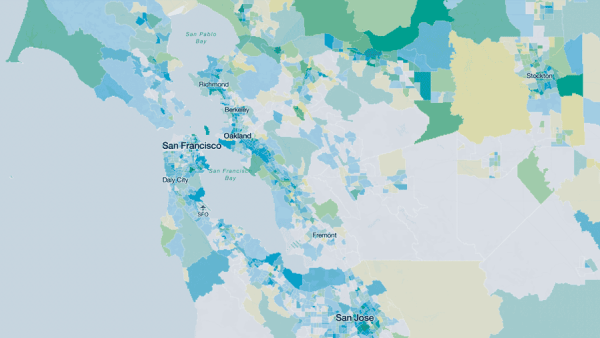 A snapshot of the Health Atlas map tool, focusing on the Bay Area in Northern California.