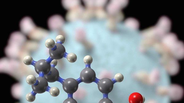 A 3D conceptual rendering of an ibuprofen molecule.