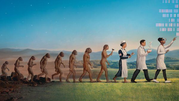 Painting depicts the evolution of man from ape to human, with several side profile figures walking in a line in front of a blue sky and grassy day landscape. The figures are apes, hominids, a Neanderthal, and humans. The first human is nude and holds a primitive tool; the following human is a female, early 20th-century nurse; the next is a man in a white doctor's coat, holding a model of a DNA double-helix; the final human is a woman wearing modern clothes and a virtual reality headset.