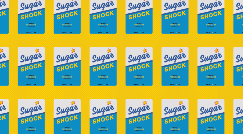 Illustration of a repeating pattern of boxes that read “Sugar Shock.”