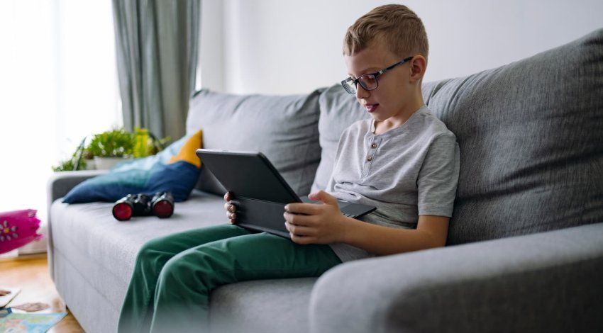 A male child sits on a living room couch and looks at an ipad