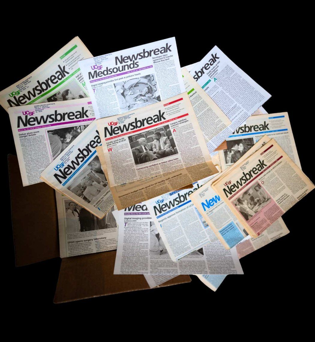 Box of UCSF Newsbreak newspapers form 1997-1998